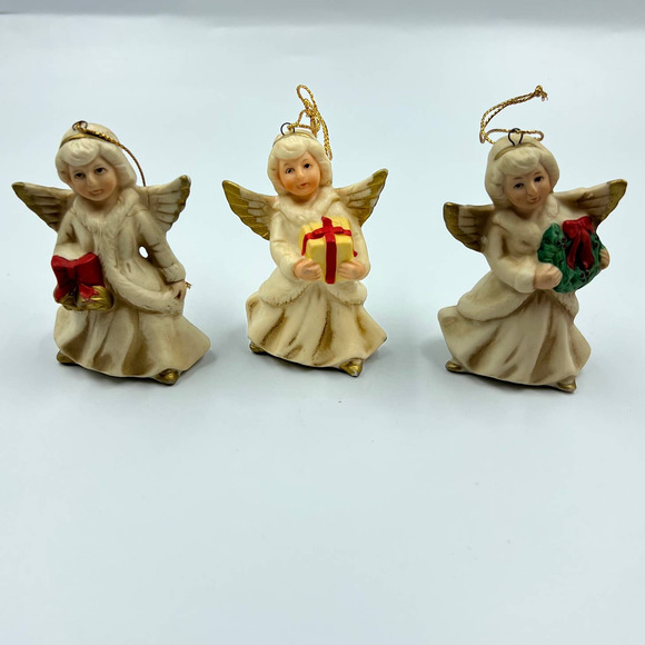 Vintage Lot 3 Christmas Tree Angels Ornaments Ceramic Kitsch - Picture 1 of 11
